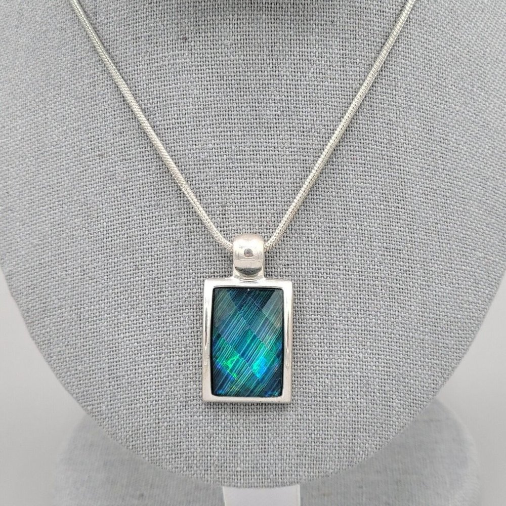 KC Blue Stone Rectangle Pendant Necklace Earrings Fashion Set Blue Silver Tone - Picture 4 of 12